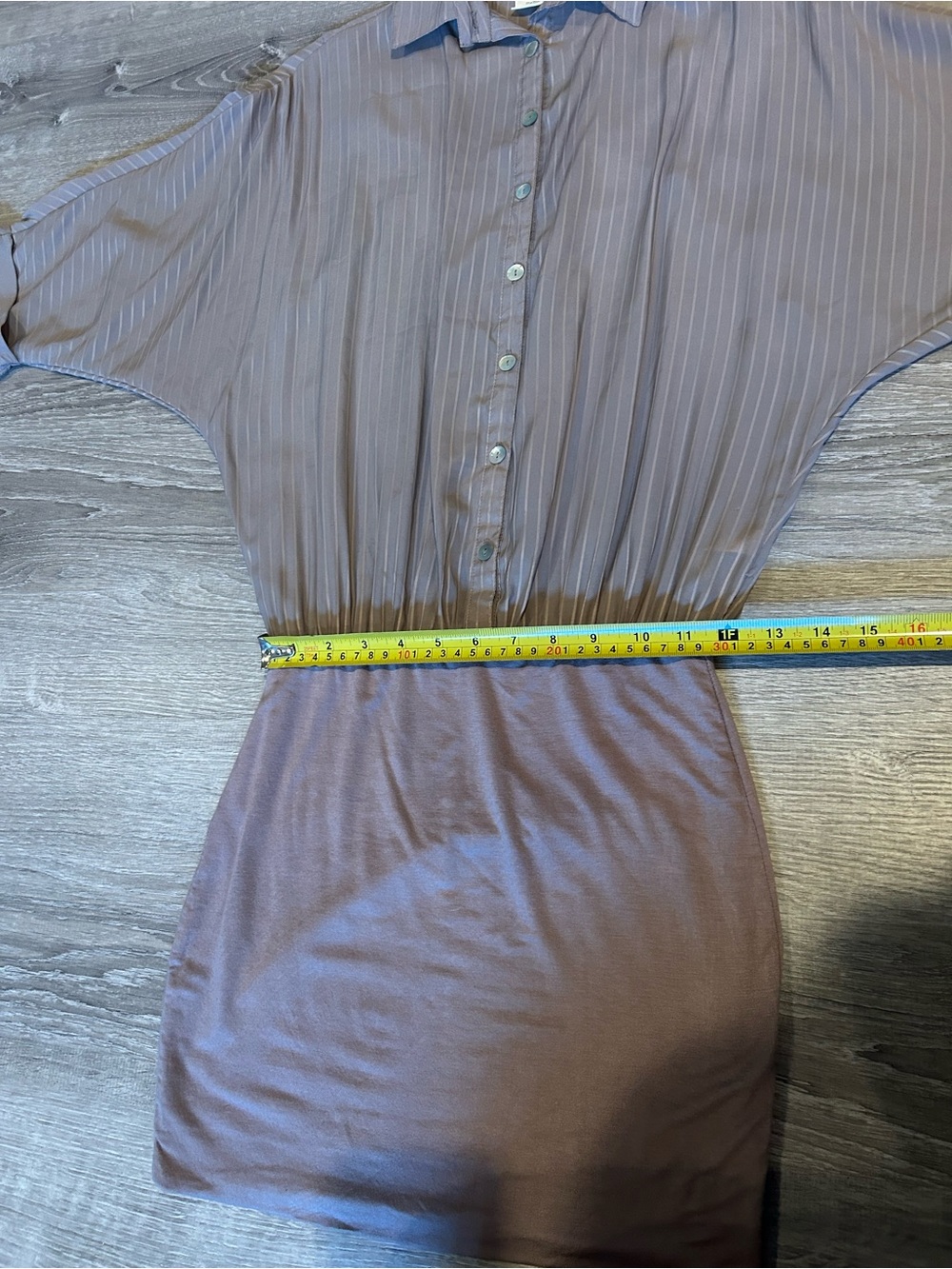 Costa Blanca Taupe Pinstripe Batwing Sleeve Mini Shirt Dress Size S - Picture 5 of 12